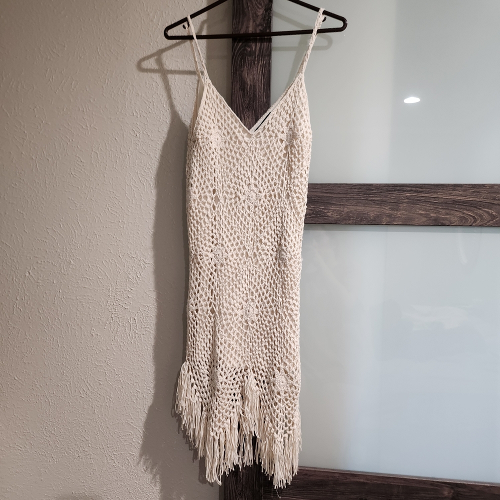 Lulu's Cream Crochet Fringe Dress